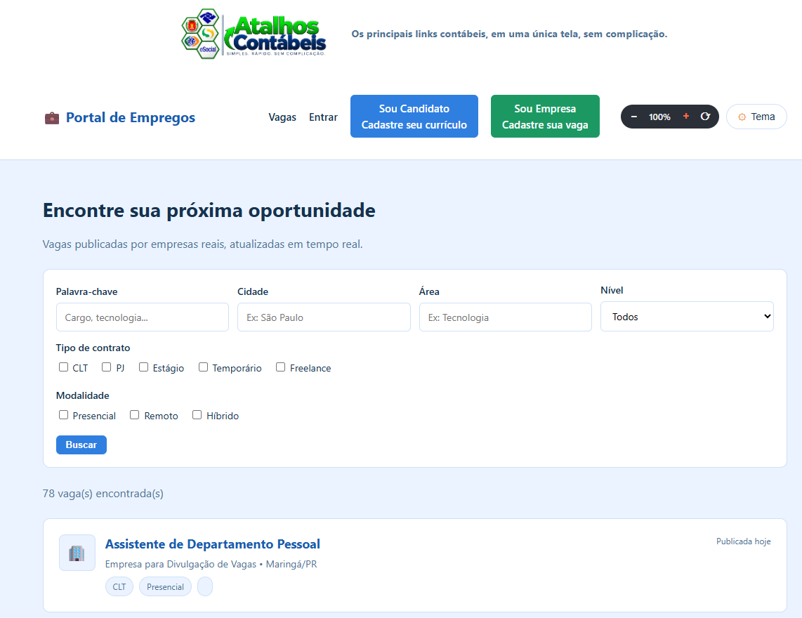 Tela inicial de Portal de Empregos