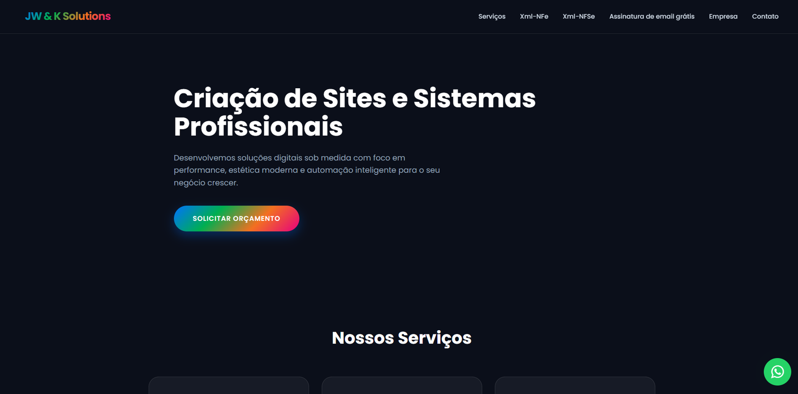 Tela inicial de JWK Solutions